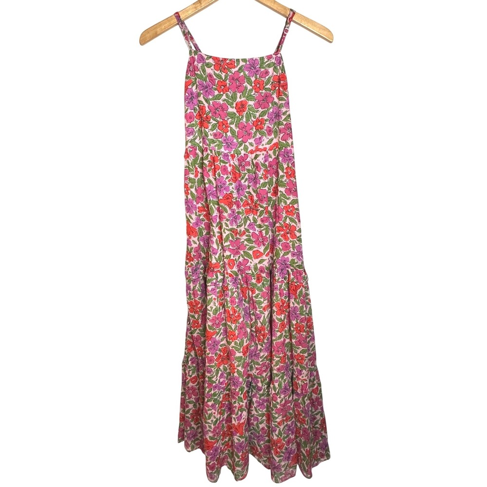 BANJAN AN Floral Tiered Lizzie Maxi Dress Pink Purple XS Smocked Back Pockets